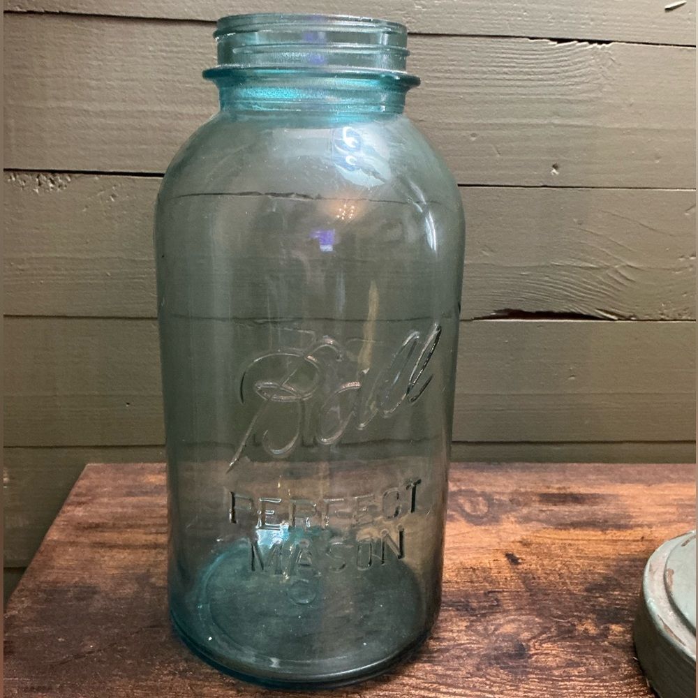 Ball Antique Blue Mason Jar Aqua Glass 9.5” Zinc Lid Vintage Farmhouse